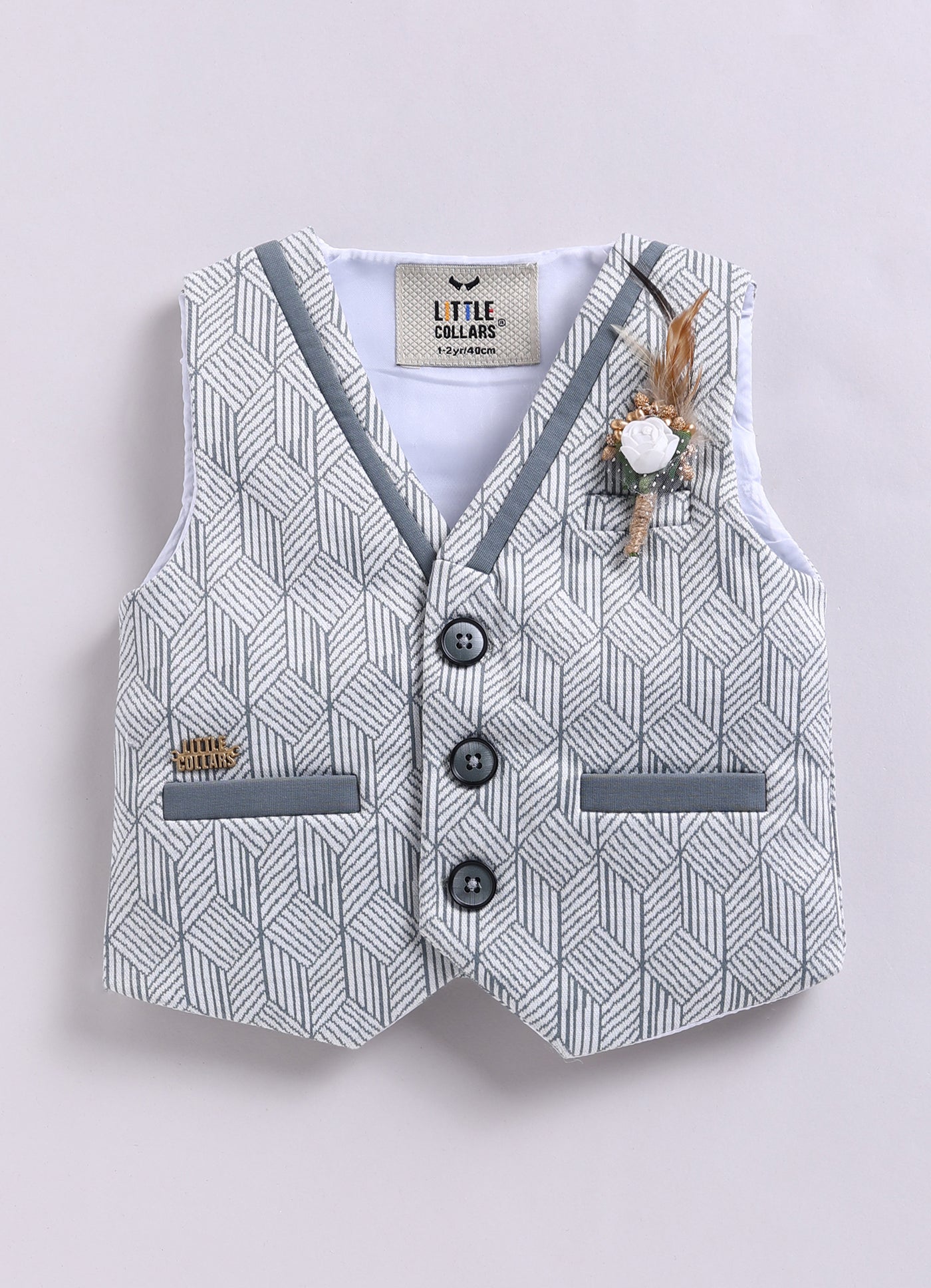 Cotton Blended Jaquard Knitted Waistcoat Jacket Pant & Full Sleeves Shirt with Floral Brooch & Bow Jacket Set- Grey