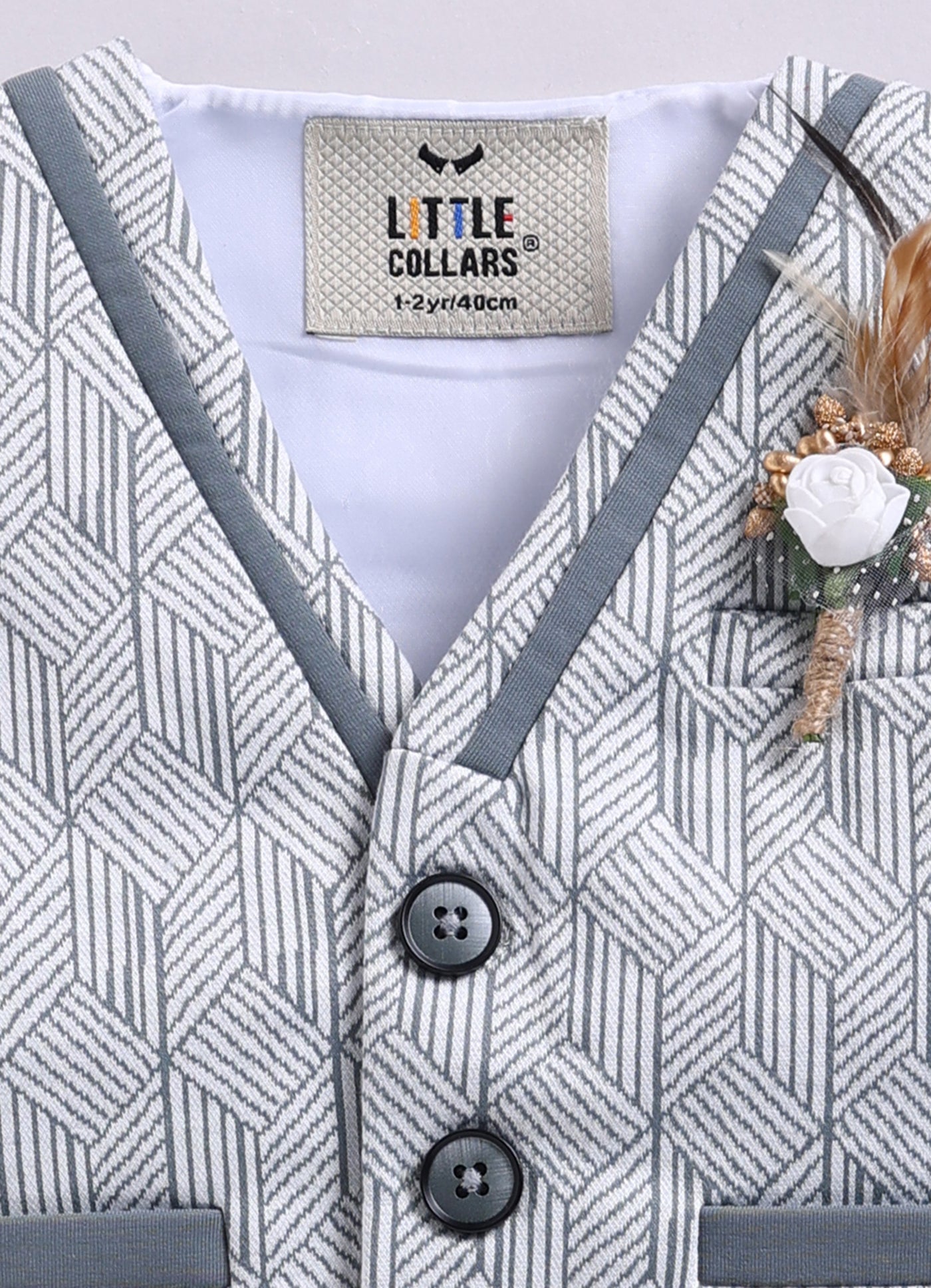 Cotton Blended Jaquard Knitted Waistcoat Jacket Pant & Full Sleeves Shirt with Floral Brooch & Bow Jacket Set- Grey