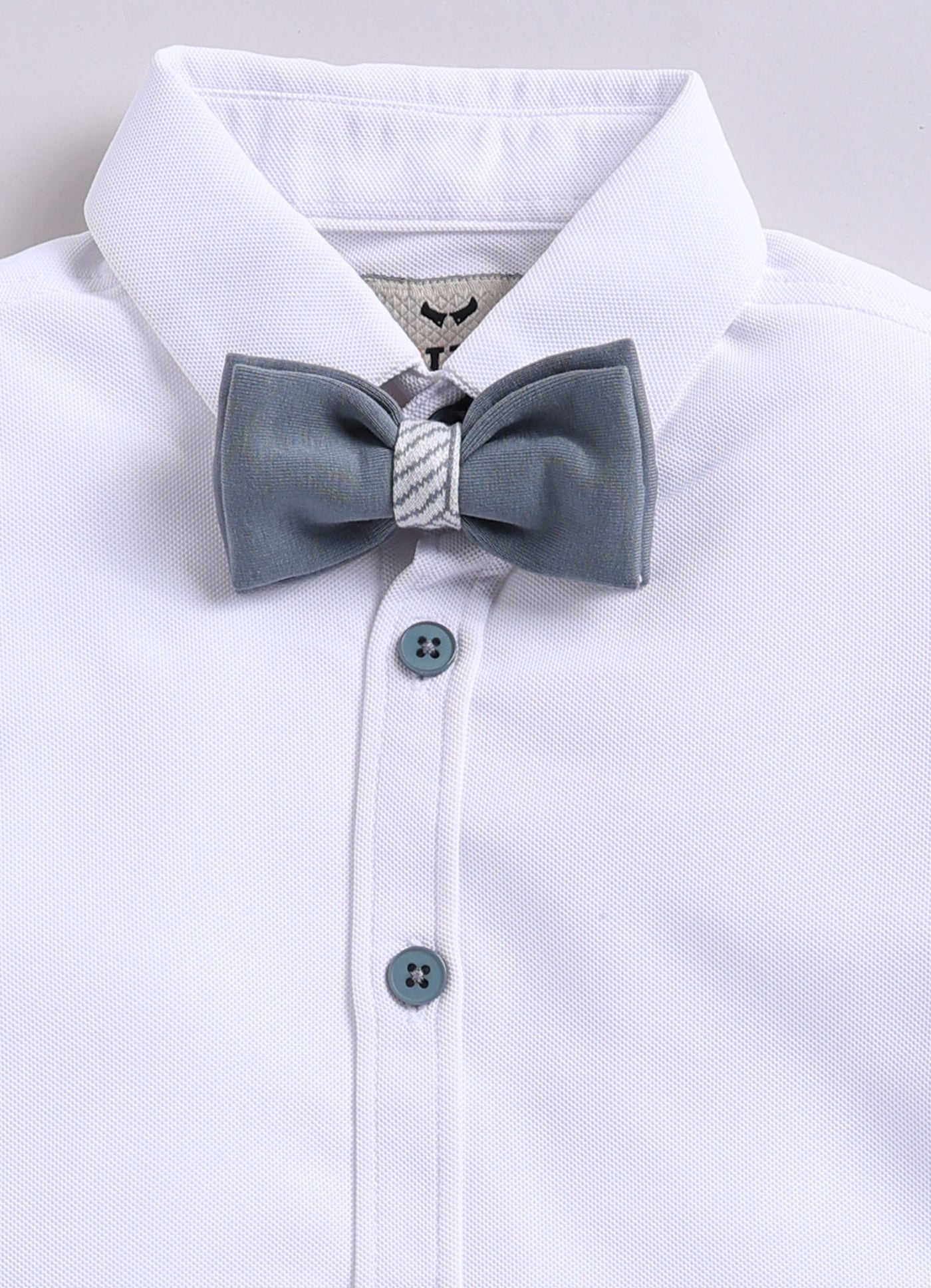 Cotton Blended Jaquard Knitted Waistcoat Jacket Pant & Full Sleeves Shirt with Floral Brooch & Bow Jacket Set- Grey