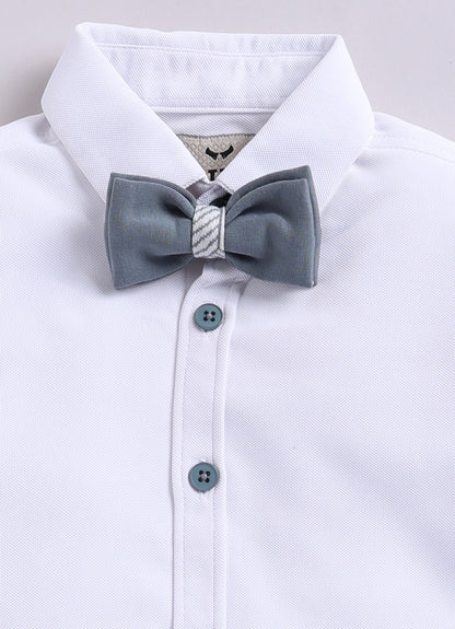 Cotton Blended Jaquard Knitted Waistcoat Jacket Pant & Full Sleeves Shirt with Floral Brooch & Bow Jacket Set- Grey