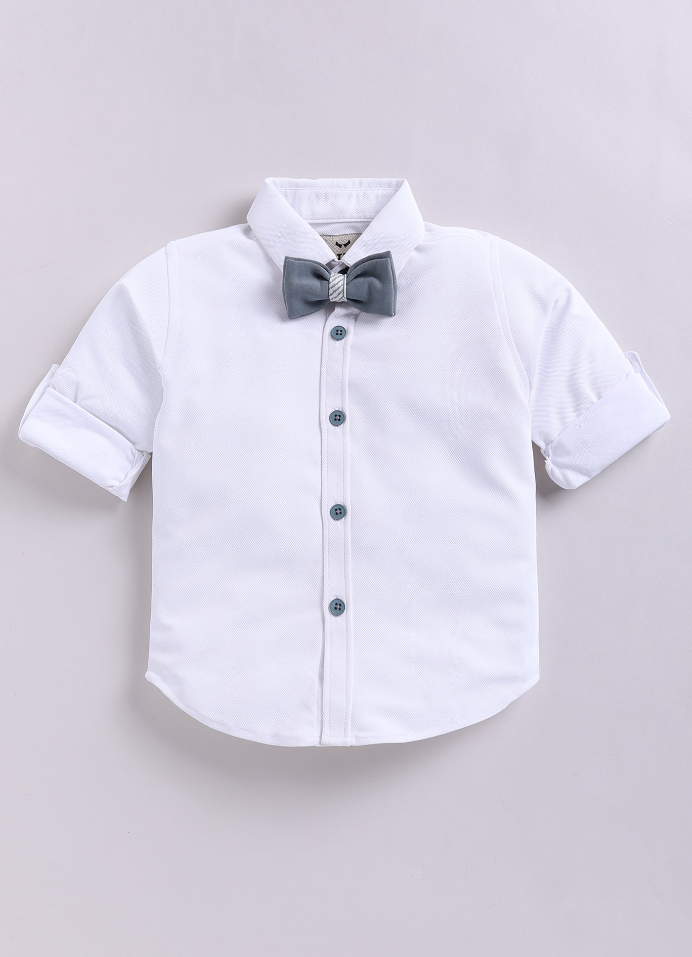 Cotton Blended Jaquard Knitted Waistcoat Jacket Pant & Full Sleeves Shirt with Floral Brooch & Bow Jacket Set- Grey