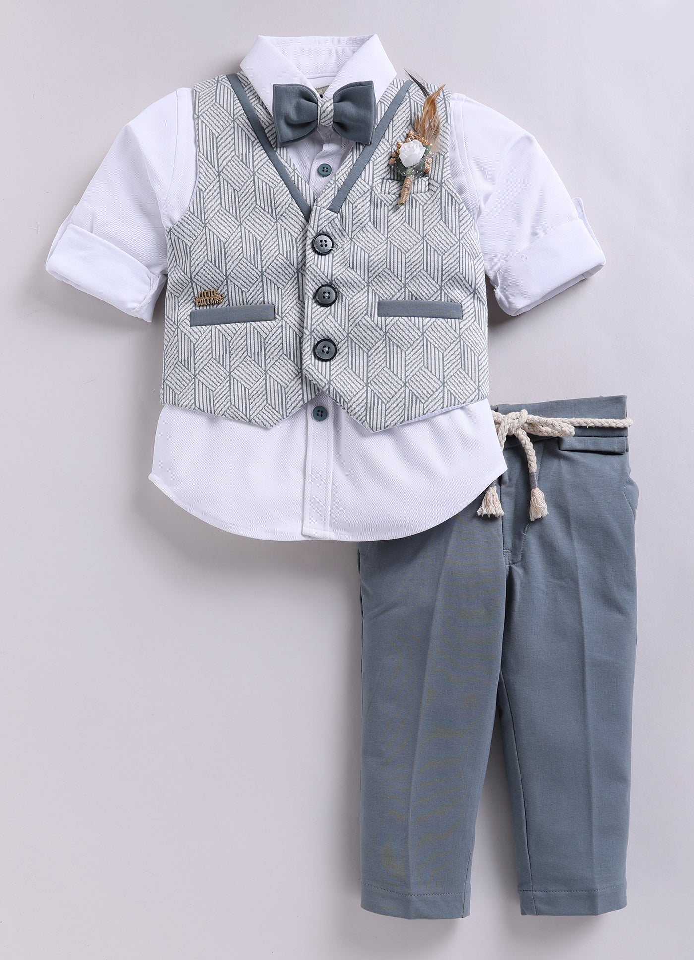 Cotton Blended Jaquard Knitted Waistcoat Jacket Pant & Full Sleeves Shirt with Floral Brooch & Bow Jacket Set- Grey