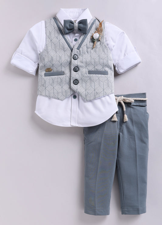 Cotton Blended Jaquard Knitted Waistcoat Jacket Pant & Full Sleeves Shirt with Floral Brooch & Bow Jacket Set- Grey