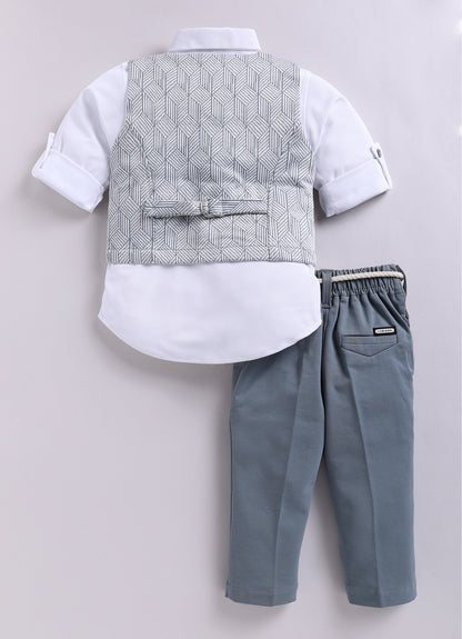 Cotton Blended Jaquard Knitted Waistcoat Jacket Pant & Full Sleeves Shirt with Floral Brooch & Bow Jacket Set- Grey