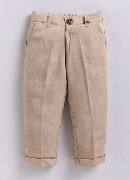 Blended Woven Full Sleeves Solid Shirt Pant with Waistcoat Coord and Bow Partywear Set - Beige