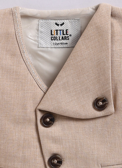 Blended Woven Full Sleeves Solid Shirt Pant with Waistcoat Coord and Bow Partywear Set - Beige