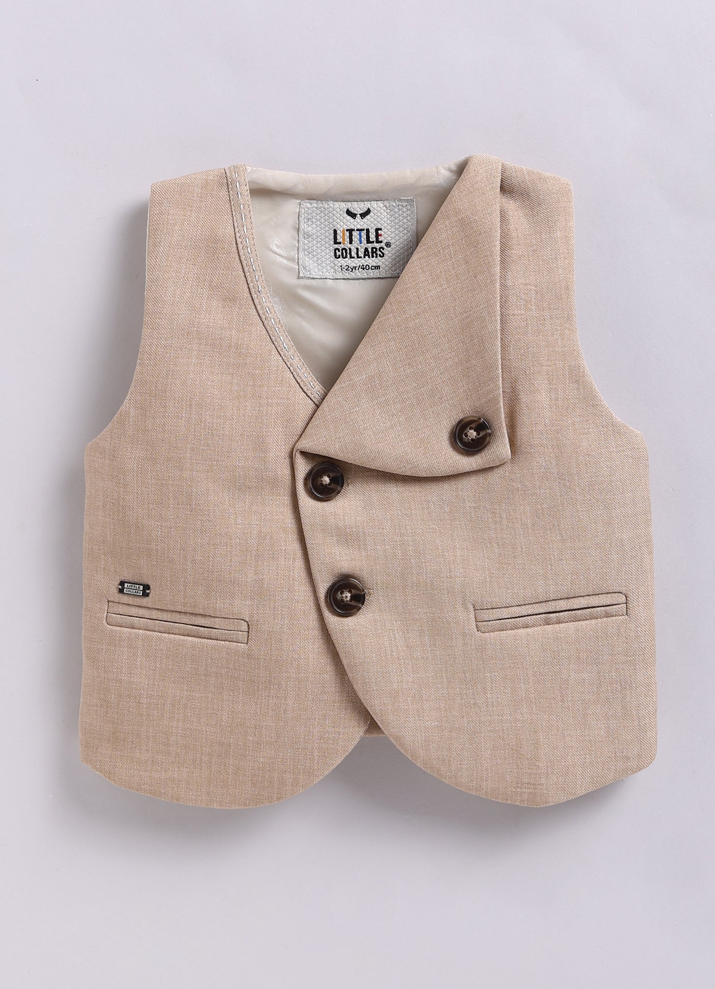 Blended Woven Full Sleeves Solid Shirt Pant with Waistcoat Coord and Bow Partywear Set - Beige