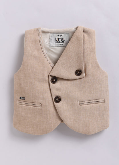 Blended Woven Full Sleeves Solid Shirt Pant with Waistcoat Coord and Bow Partywear Set - Beige