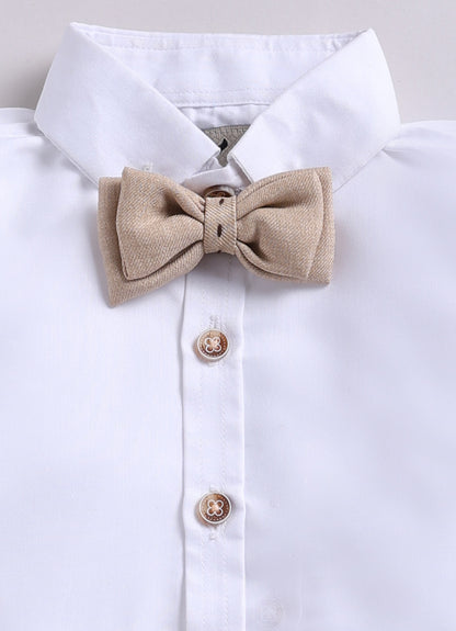 Blended Woven Full Sleeves Solid Shirt Pant with Waistcoat Coord and Bow Partywear Set - Beige