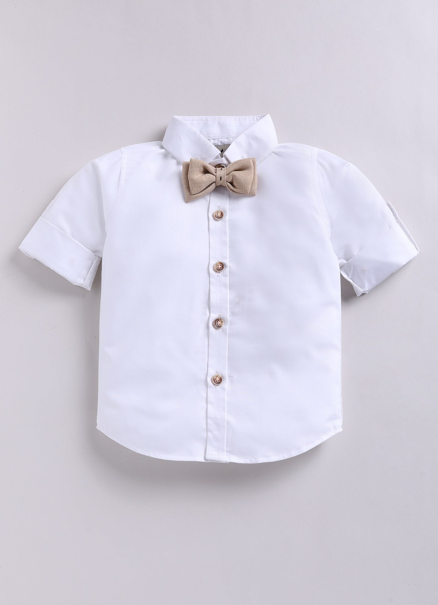 Blended Woven Full Sleeves Solid Shirt Pant with Waistcoat Coord and Bow Partywear Set - Beige