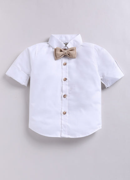 Blended Woven Full Sleeves Solid Shirt Pant with Waistcoat Coord and Bow Partywear Set - Beige