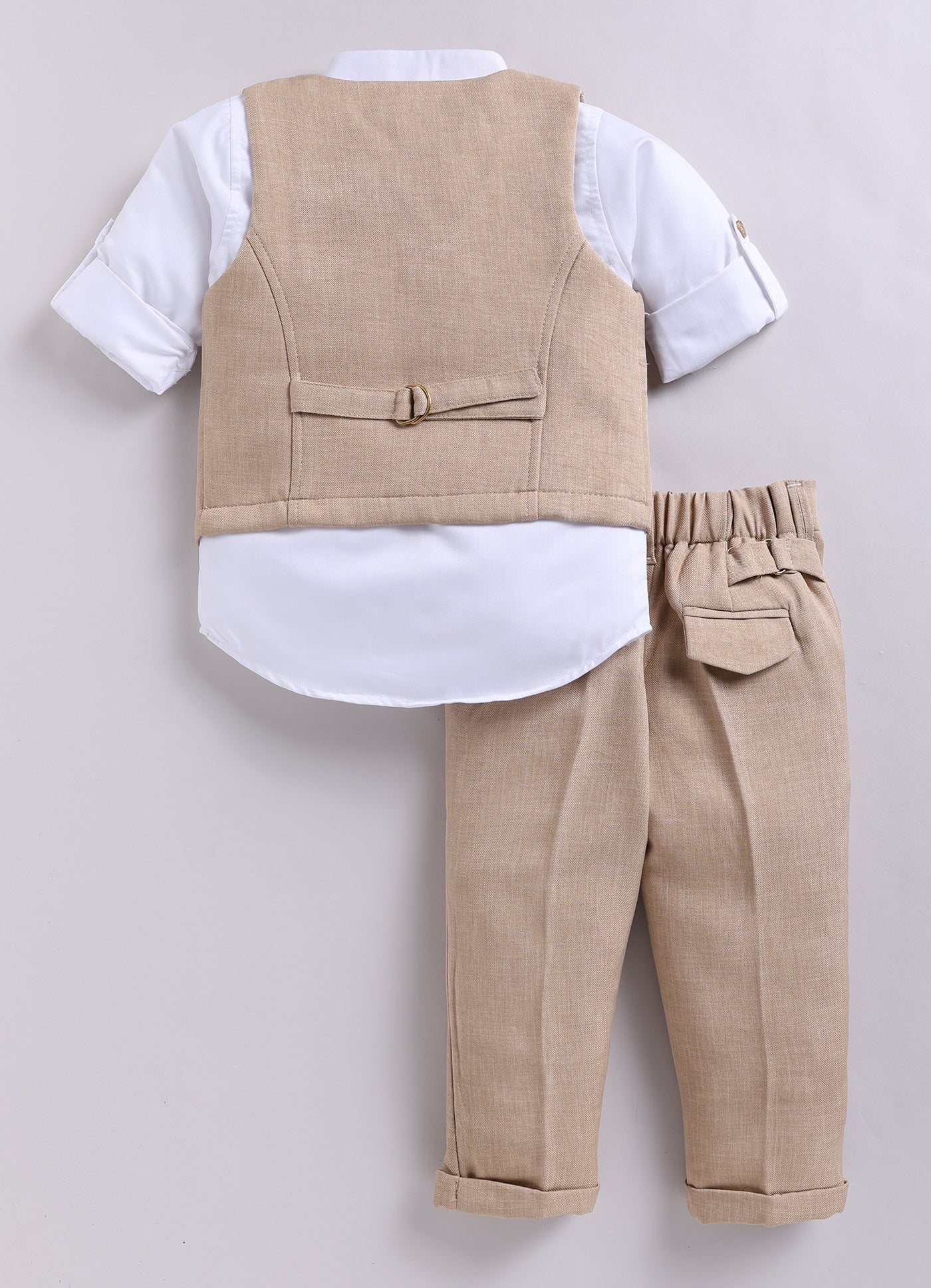 Blended Woven Full Sleeves Solid Shirt Pant with Waistcoat Coord and Bow Partywear Set - Beige