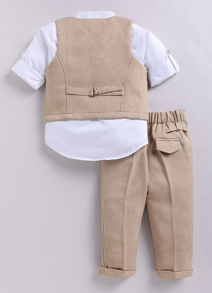 Blended Woven Full Sleeves Solid Shirt Pant with Waistcoat Coord and Bow Partywear Set - Beige