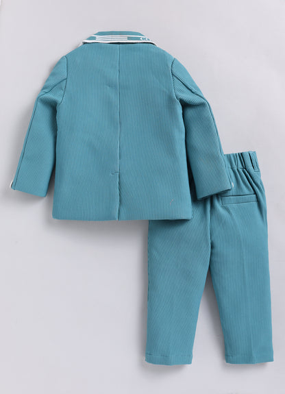 Boys Knitted Full Sleeves Solid Blazer with Bright T shirt, Matching Trousers Coord Set with keychain Coat Set - Green