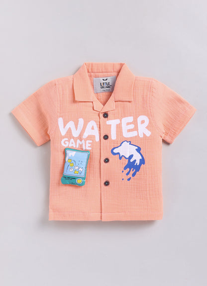Boys Muslin Cotton Water Game Themed Shirt Pant Set- Orange