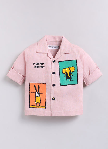 Flax Cotton Woven Cute Patch and Embroidered Full Sleeves Shirt Pant Set- Pink