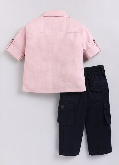 Flax Cotton Woven Cute Patch and Embroidered Full Sleeves Shirt Pant Set- Pink