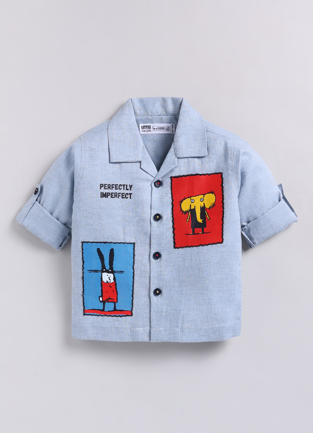 Flax Cotton Woven Cute Patch and Embroidered Full Sleeves Shirt Pant Set- Blue