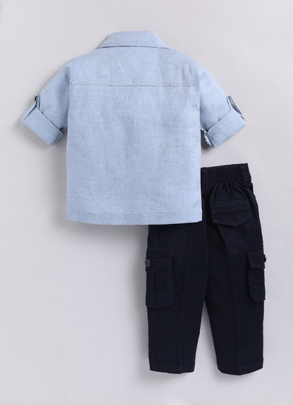 Flax Cotton Woven Cute Patch and Embroidered Full Sleeves Shirt Pant Set- Blue