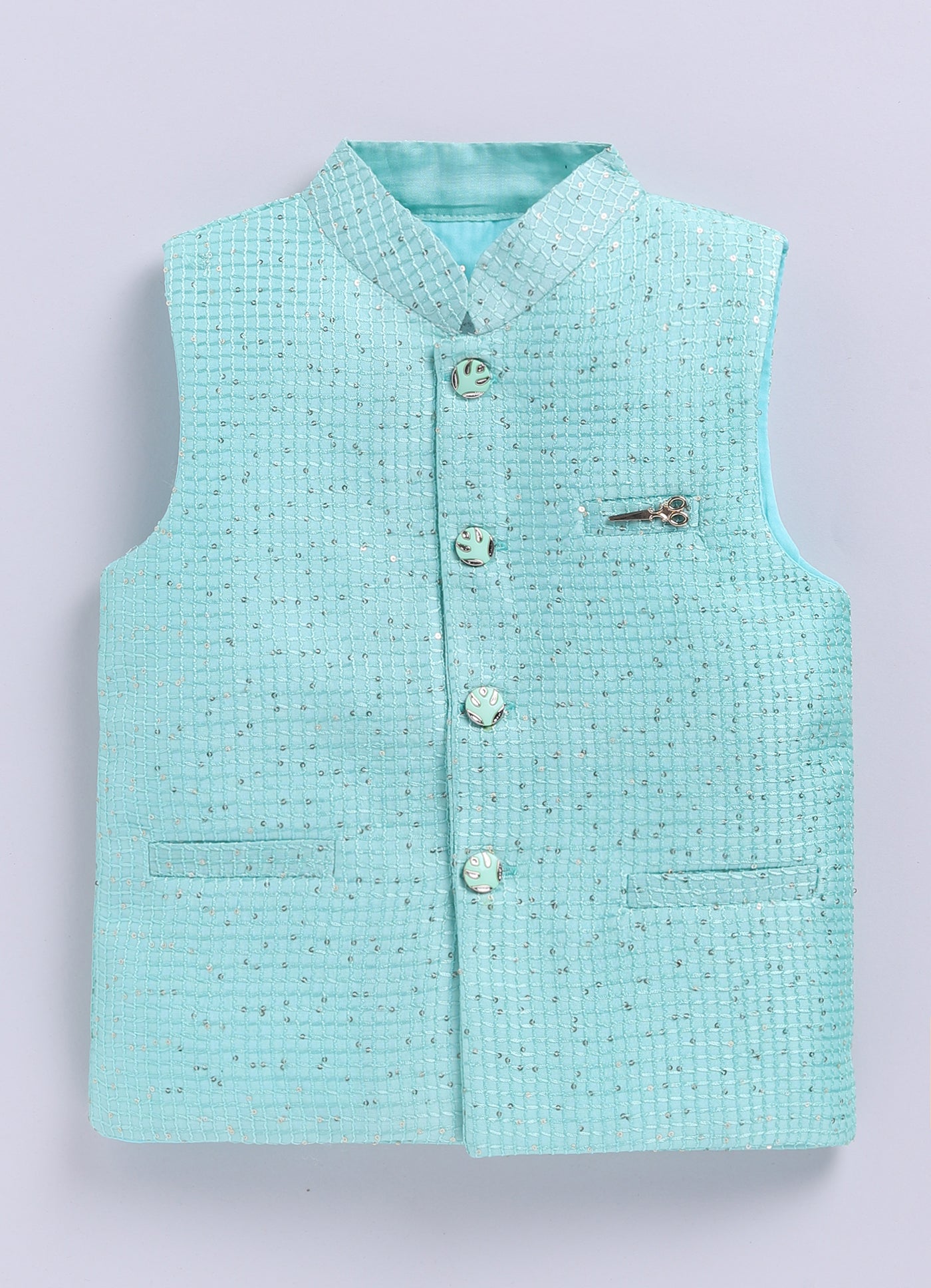 Boys Woven  Embellished Jacket, Kurta and Pajama with Brooch Wedding Wear Ethnic Set- Green