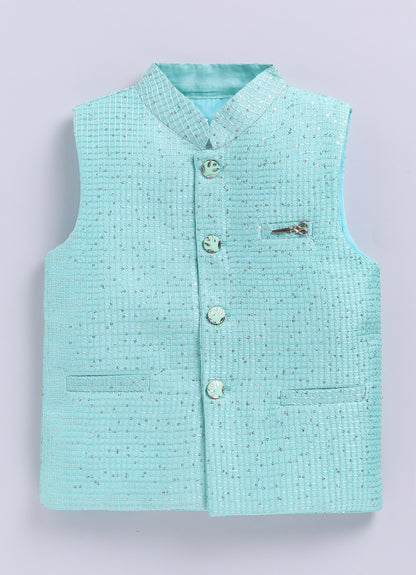 Boys Woven  Embellished Jacket, Kurta and Pajama with Brooch Wedding Wear Ethnic Set- Green