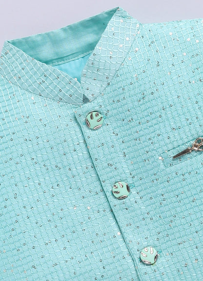 Boys Woven  Embellished Jacket, Kurta and Pajama with Brooch Wedding Wear Ethnic Set- Green