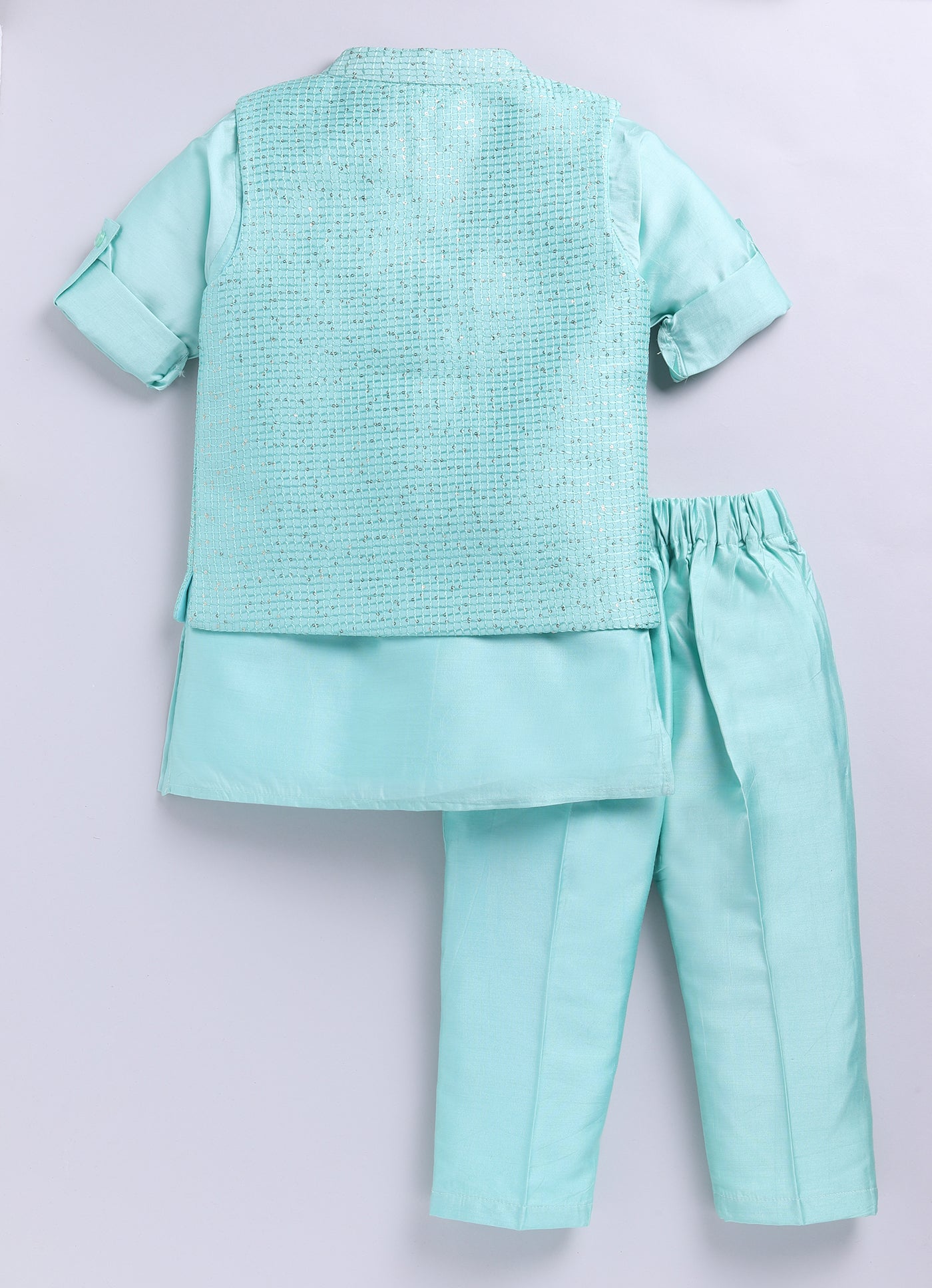 Boys Woven  Embellished Jacket, Kurta and Pajama with Brooch Wedding Wear Ethnic Set- Green