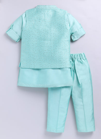 Boys Woven  Embellished Jacket, Kurta and Pajama with Brooch Wedding Wear Ethnic Set- Green