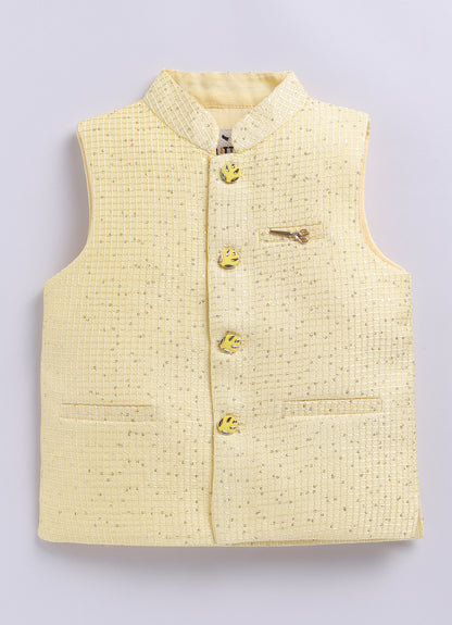 Boys Woven  Embellished Jacket, Kurta and Pajama with Brooch Wedding Wear Ethnic Set- Yellow