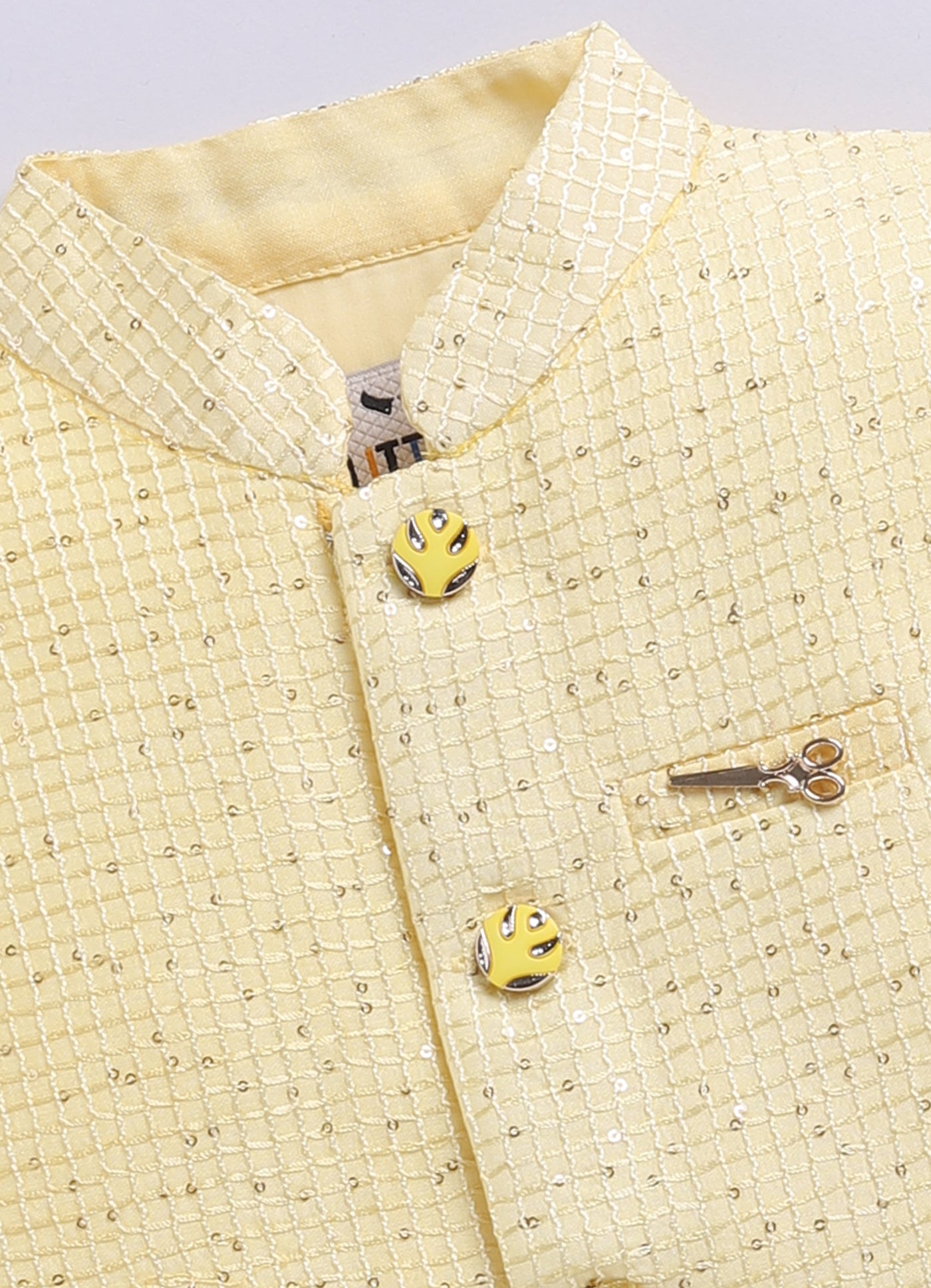 Boys Woven  Embellished Jacket, Kurta and Pajama with Brooch Wedding Wear Ethnic Set- Yellow