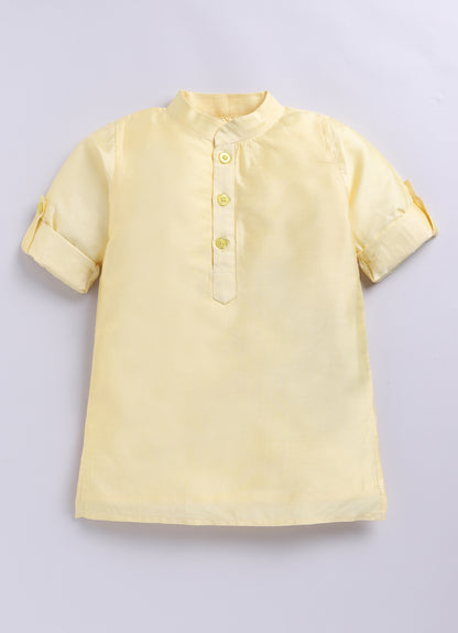 Boys Woven  Embellished Jacket, Kurta and Pajama with Brooch Wedding Wear Ethnic Set- Yellow