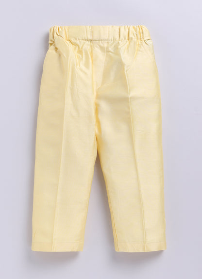 Boys Woven  Embellished Jacket, Kurta and Pajama with Brooch Wedding Wear Ethnic Set- Yellow