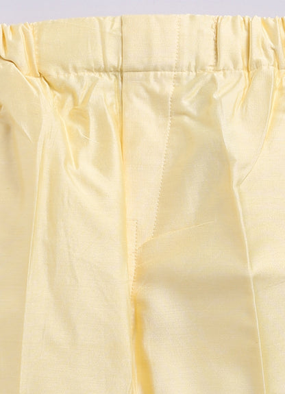 Boys Woven  Embellished Jacket, Kurta and Pajama with Brooch Wedding Wear Ethnic Set- Yellow