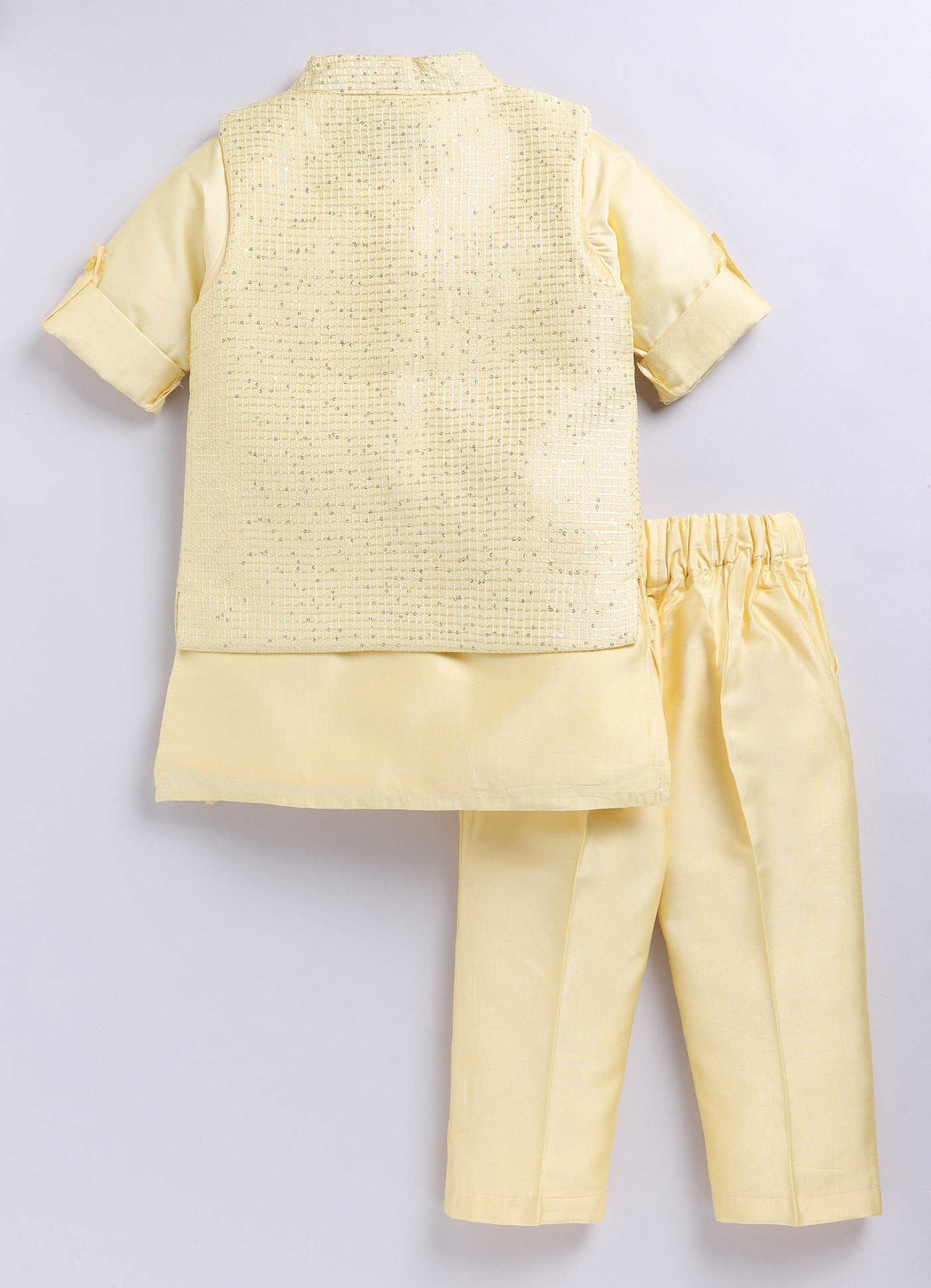 Boys Woven  Embellished Jacket, Kurta and Pajama with Brooch Wedding Wear Ethnic Set- Yellow