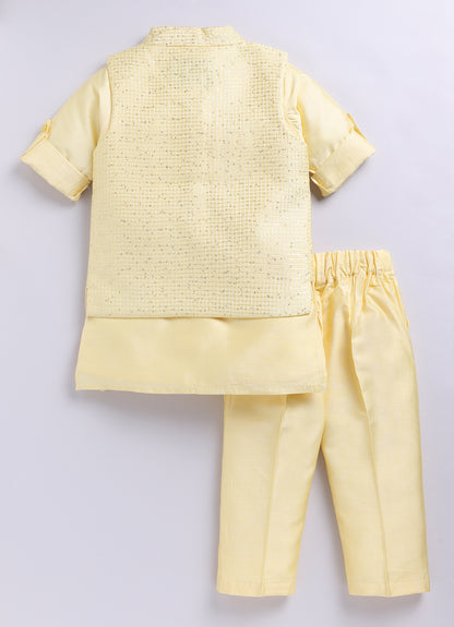 Boys Woven  Embellished Jacket, Kurta and Pajama with Brooch Wedding Wear Ethnic Set- Yellow
