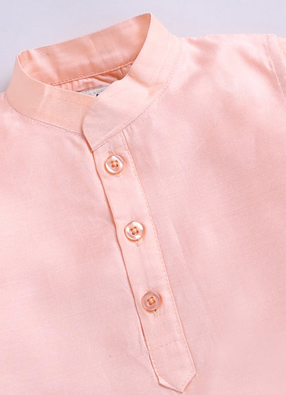 Boys Woven  Embellished Jacket, Kurta and Pajama with Brooch Wedding Wear Ethnic Set- Peach