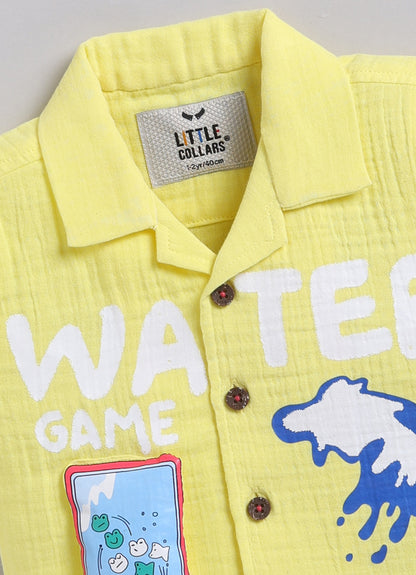 Boys Muslin Cotton Water Game Themed Shirt Pant Set- Lemon