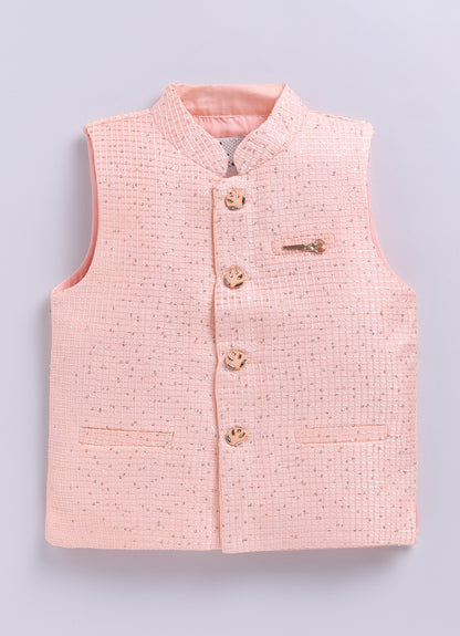 Boys Woven  Embellished Jacket, Kurta and Pajama with Brooch Wedding Wear Ethnic Set- Peach