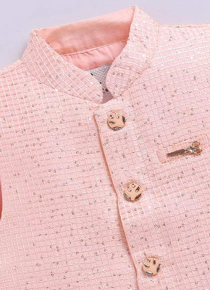 Boys Woven  Embellished Jacket, Kurta and Pajama with Brooch Wedding Wear Ethnic Set- Peach