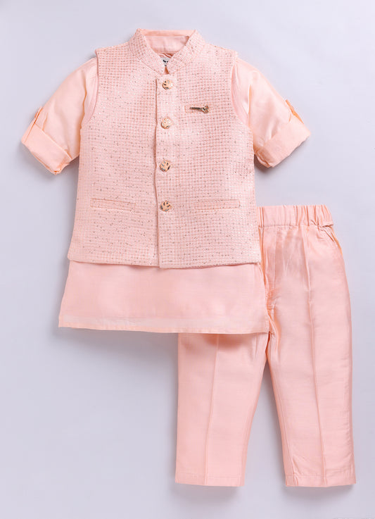 Boys Woven  Embellished Jacket, Kurta and Pajama with Brooch Wedding Wear Ethnic Set- Peach