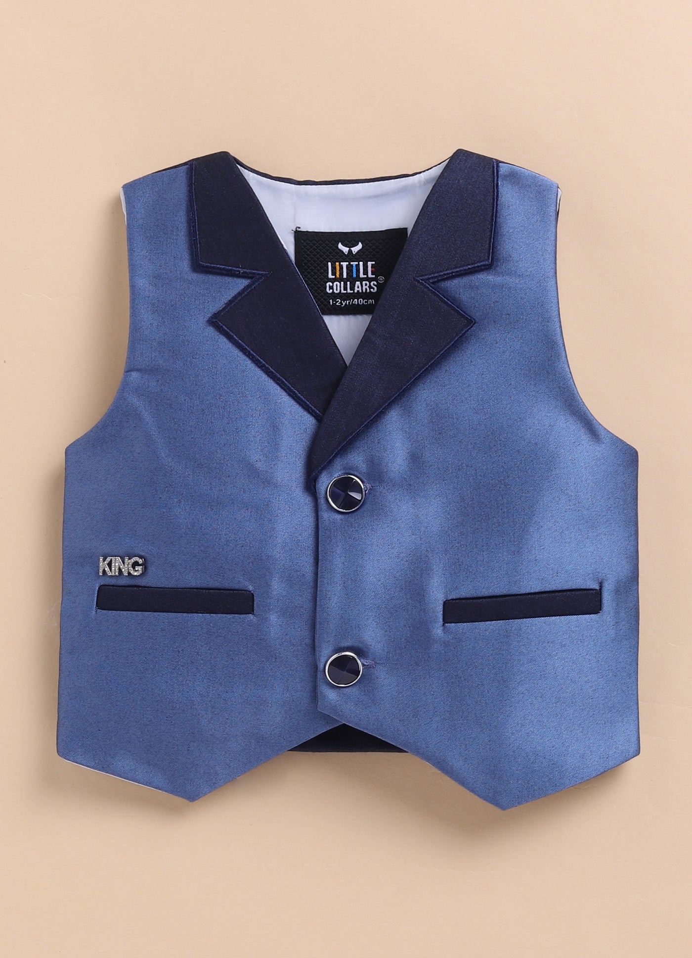 Little Collars Terry Rayon Woven Waistcoat Jacket Pant & Full Sleeves Shirt with & Bow Formal Partywear Jacket Set- Blue