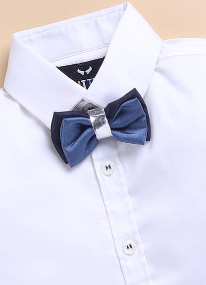 Little Collars Terry Rayon Woven Waistcoat Jacket Pant & Full Sleeves Shirt with & Bow Formal Partywear Jacket Set- Blue