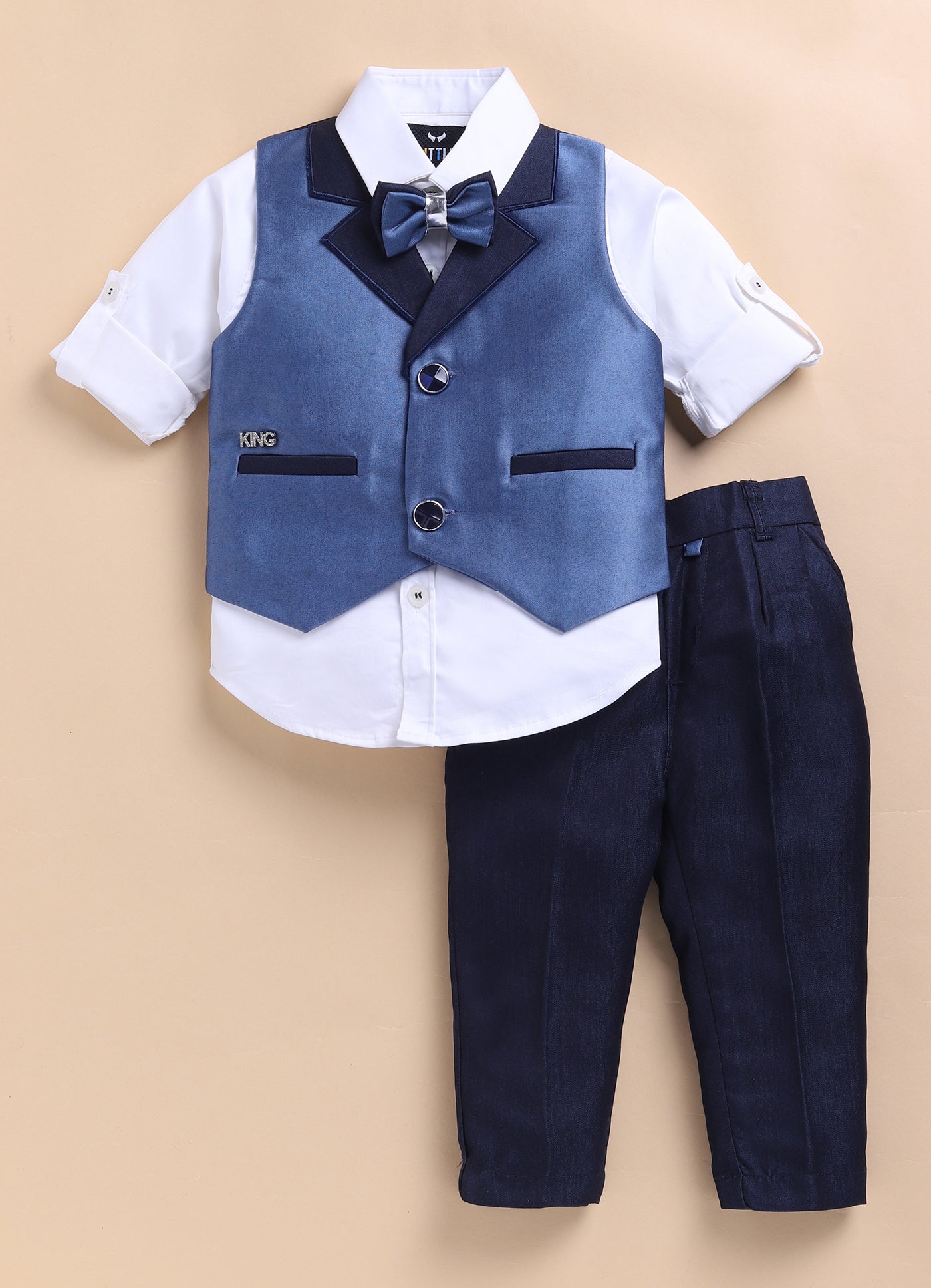 Little Collars Terry Rayon Woven Waistcoat Jacket Pant & Full Sleeves Shirt with & Bow Formal Partywear Jacket Set- Blue