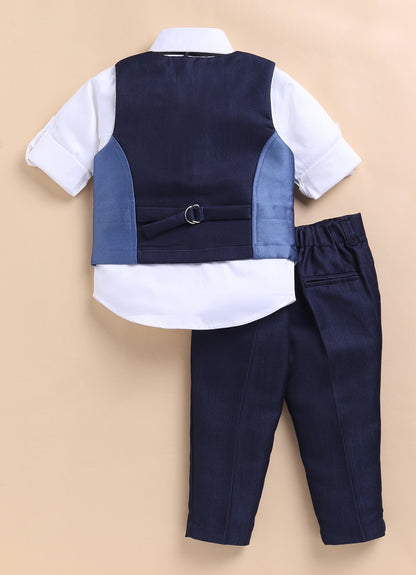 Little Collars Terry Rayon Woven Waistcoat Jacket Pant & Full Sleeves Shirt with & Bow Formal Partywear Jacket Set- Blue