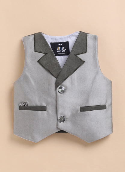 Little Collars Terry Rayon Woven Waistcoat Jacket Pant & Full Sleeves Shirt with & Bow Formal Partywear Jacket Set- Green
