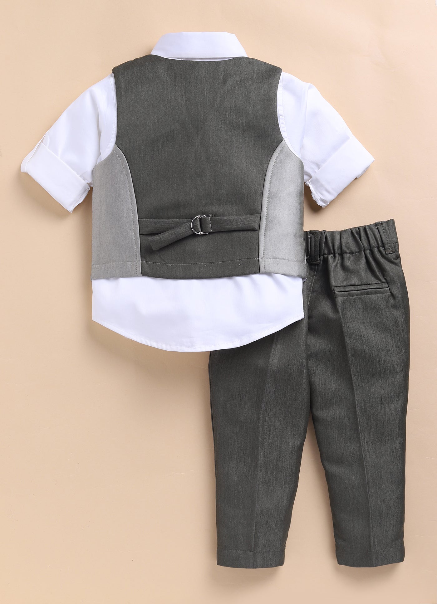 Little Collars Terry Rayon Woven Waistcoat Jacket Pant & Full Sleeves Shirt with & Bow Formal Partywear Jacket Set- Green