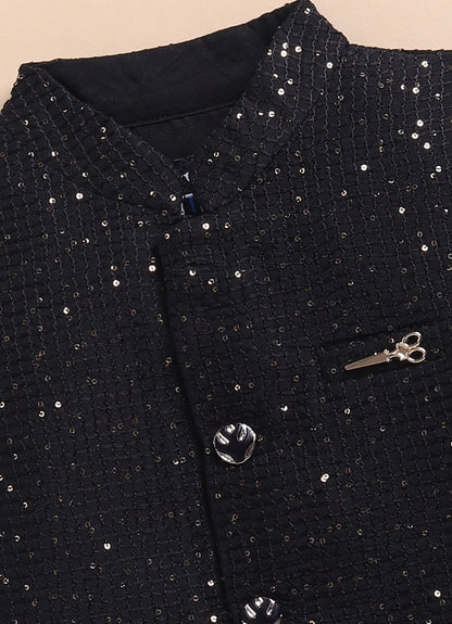 Boys Woven  Embellished Jacket, Kurta and Pajama with Brooch Wedding Wear Ethnic Set- Black
