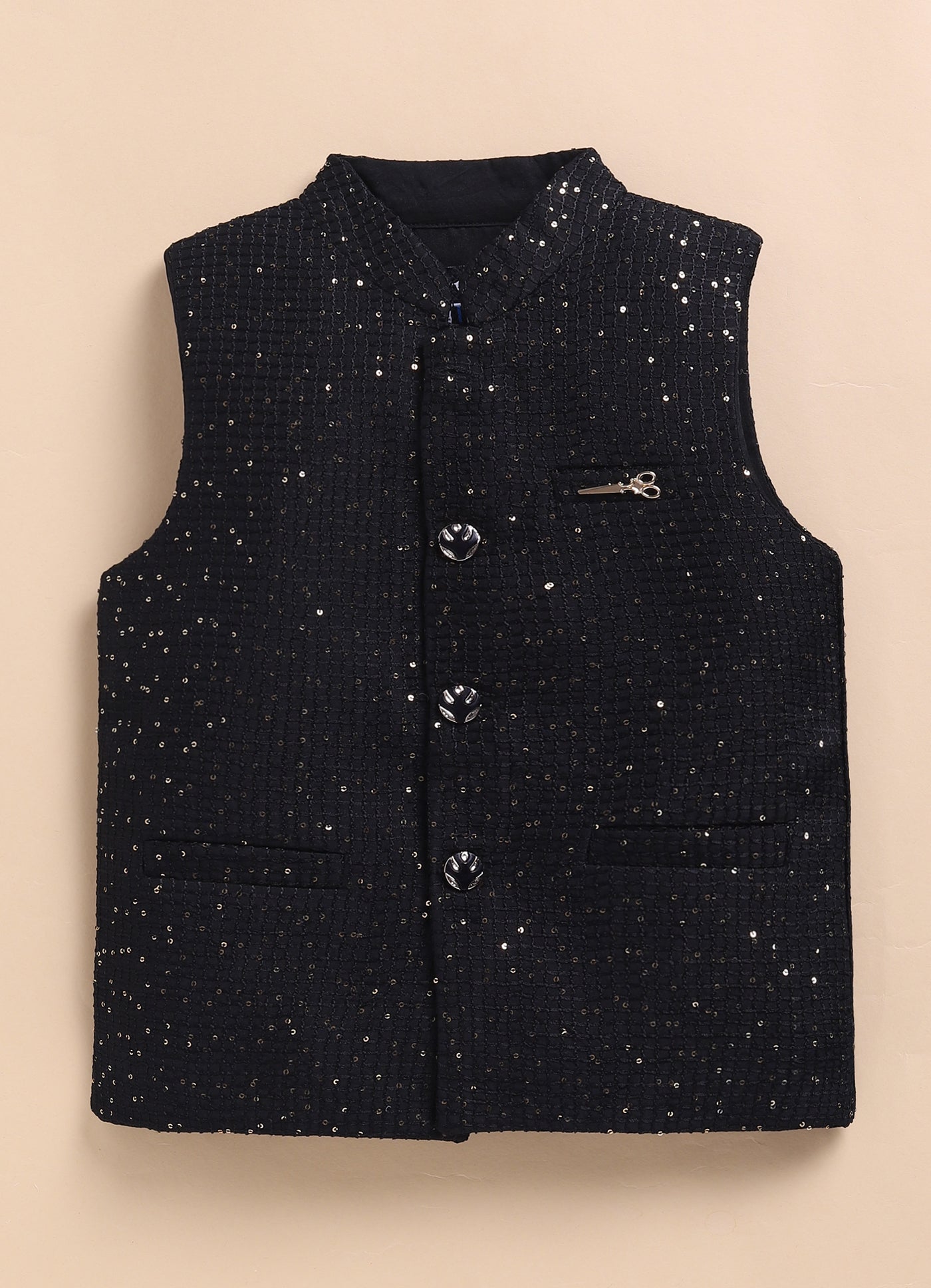 Boys Woven  Embellished Jacket, Kurta and Pajama with Brooch Wedding Wear Ethnic Set- Black