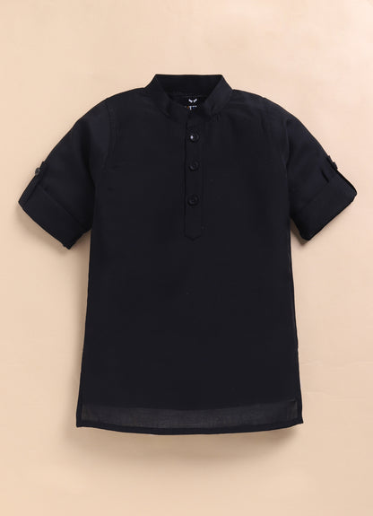 Boys Woven  Embellished Jacket, Kurta and Pajama with Brooch Wedding Wear Ethnic Set- Black