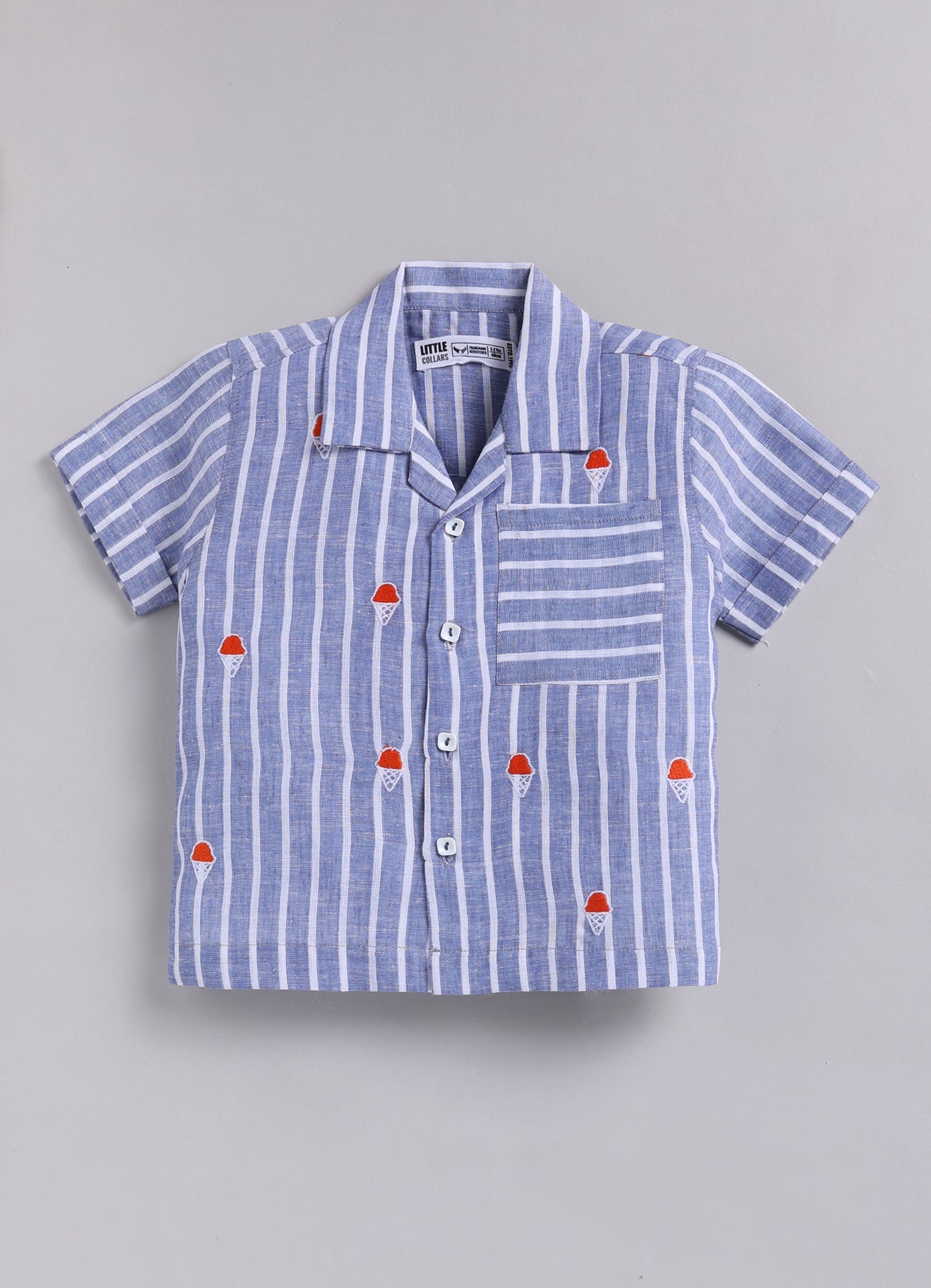 Boys Pure Cottons Striped Icecream Embroidery Shirt and Pant Set- Blue